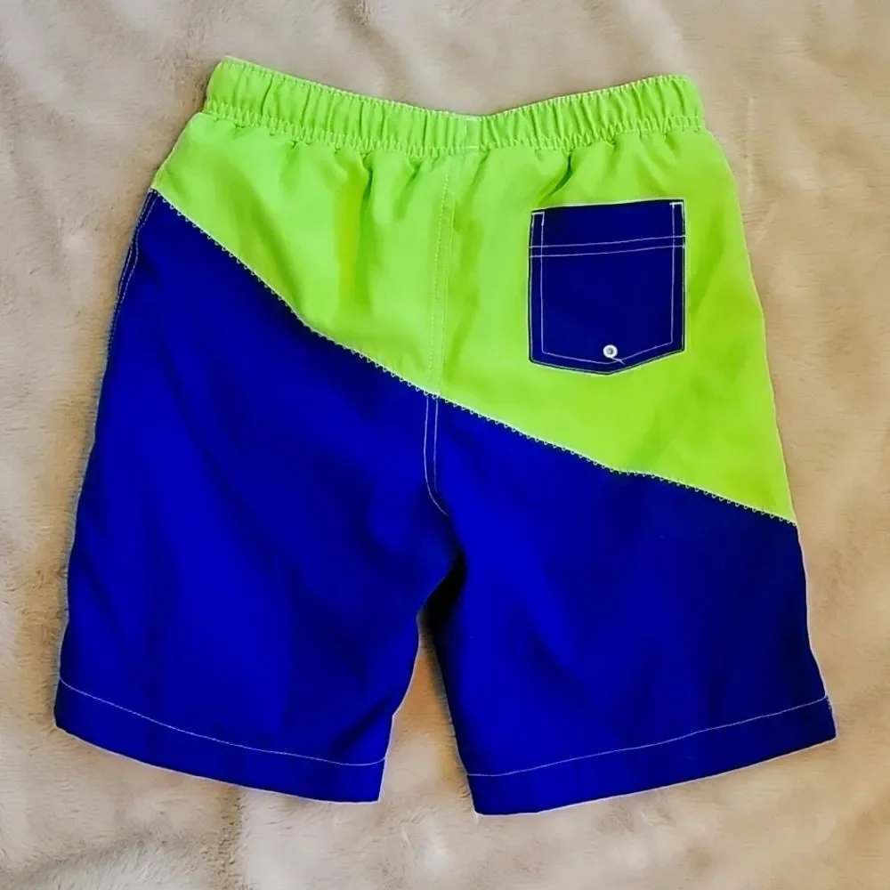LANDS' END BLUE AND NEON SWIM TRUNKS, SIZE 10-12